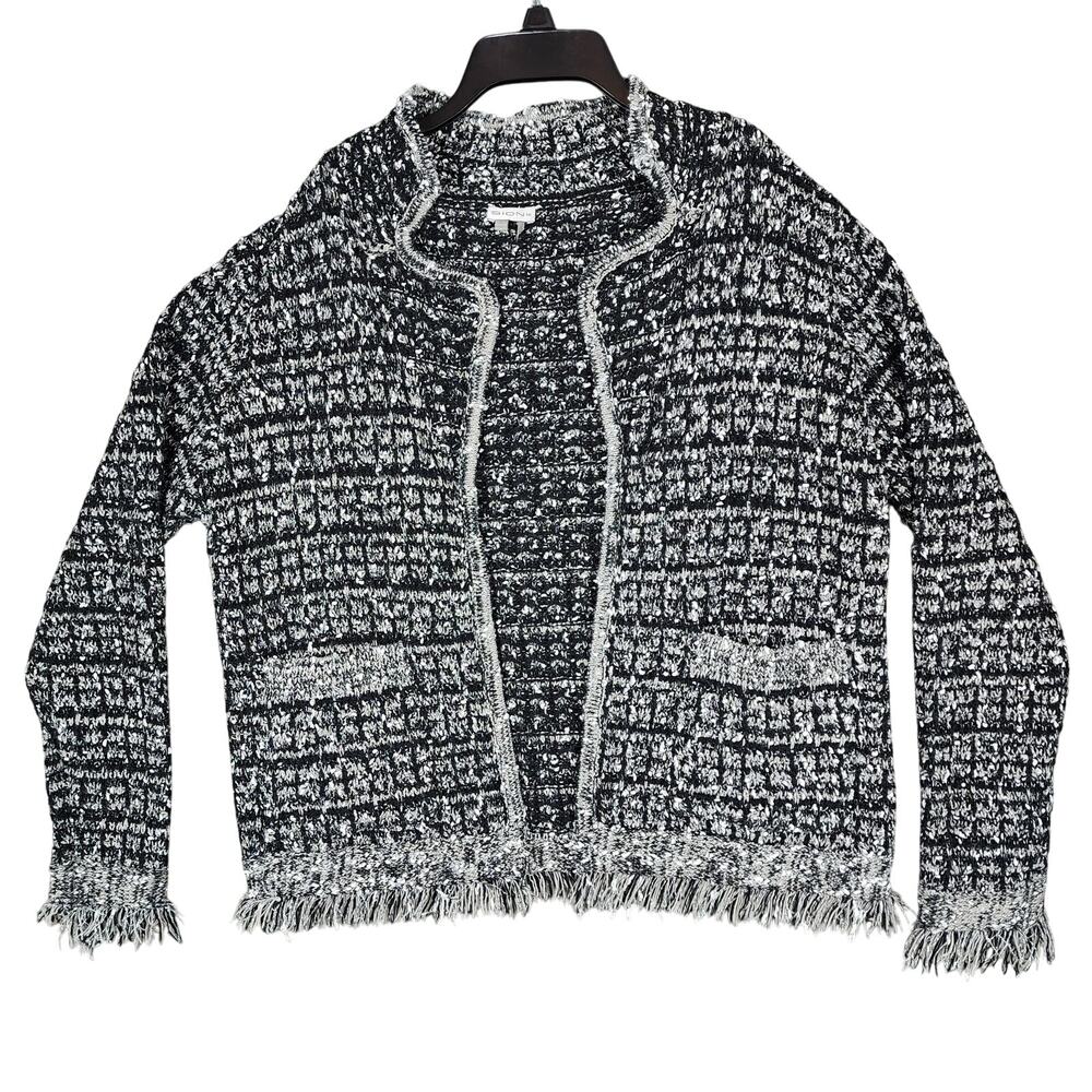 Sioni Cardigan Sweater L Women Black White Heathered Open Front Fringe Pockets‎
